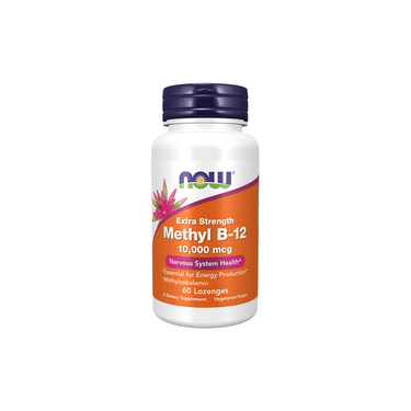 A bottle of Now Foods Methyl B-12 10000 mcg, featuring 60 lozenges with methylcobalamin to support nervous system health and energy production.
